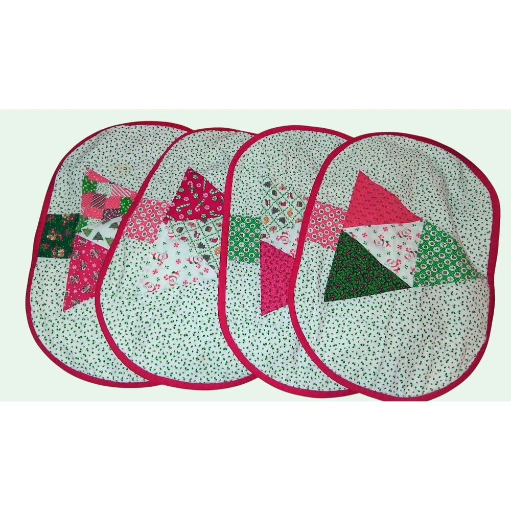 Handmade Quilted Christmas Placemats Set Of 4 Patchwork Design With Red & Green